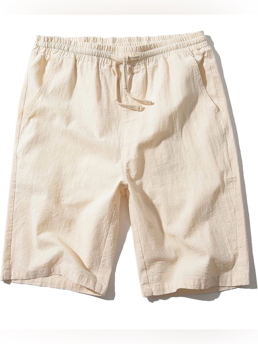 Men's Linen/Cotton Blend Elastic Waist Shorts with Drawstring - Beige